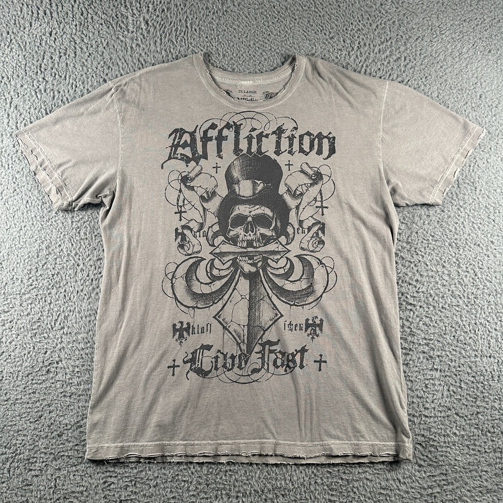 Affliction Live Fast Grunge Shirt‎ Mens 2XL Gray All Over Print Tee Y2K US Made
